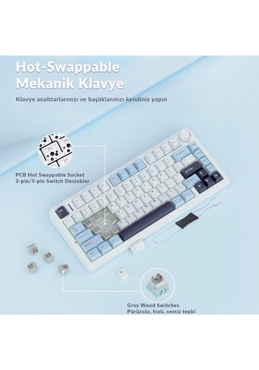 Aula F75 Mekanik Rgb Tkl Graywood V4 Switch Kablosuz Makrolu Hot Swap Türkçe Q Klavye Pastel