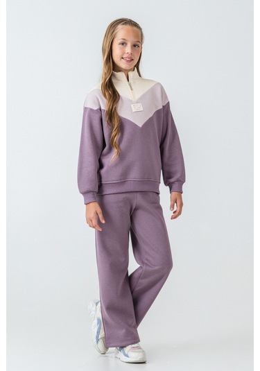 Kız Çocuk Kelebek Detaylı Yarım Fermuarlı 3 İplik Kalın Kışlık Eşofman Takımı Ak4233 Mor