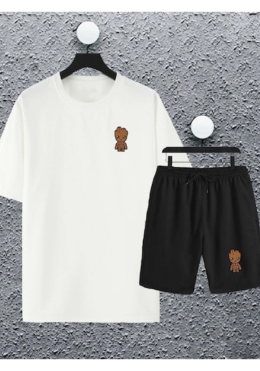 Adrift Unisex Marvel Groot Baskılı Oversize Tshirt Ve Şort Eşofman Takımı Beyaz