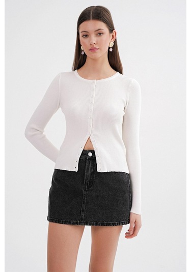 6931 Kadın Düğmeli Fitilli Triko Hırka Beyaz Beyaz