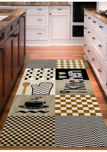 Krem Ekose, Kitchen, Kaymaz Pamuk Dokuma Taban Mutfak Halısı