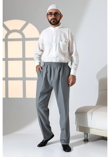 Erkek Rahat Kesim Beli Lastikli Cepli Hac Ve Umre Kumaş Şalvar Pantolon - Gri Krk Gri