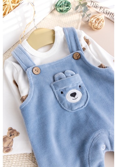 Fiğürlü Kışlık Kadife Erkek Bebek Salopet Tulum Set mavi