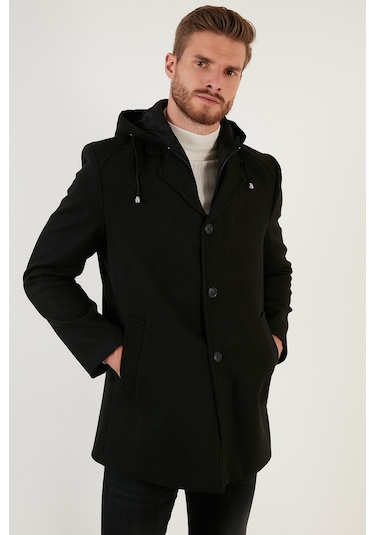 Buratti Çıkarılabilir Kapüşonlu Kırçıllı Slim Fit Kaşe Erkek Kaban 5841013 Siyah