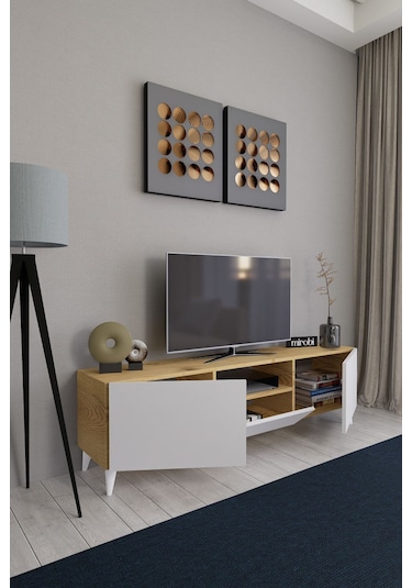 Bravix Modern Tv Ünitesi 3 Bölmeli Tv Sehpası Gövde Çam Kapaklı Beyaz - Antrasit