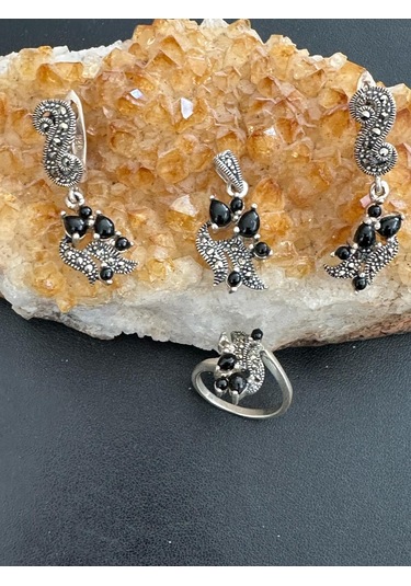 Aysesa Otantik Oniks Taşlı Kadın Gümüş Set 2küpe+kolye+yüzük 925 Ayar