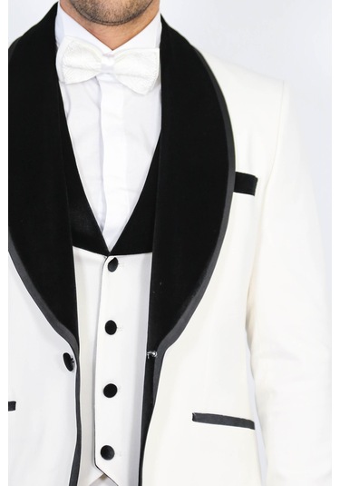 Klasik Kadife Yaka Beyaz Smokin Takım - Wessi Mavi