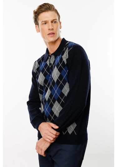 Desen Triko Erkek Polo Yaka Önü Baklava Desenli Yün Kazak 24513 Koyu Lacivert Koyu Lacivert