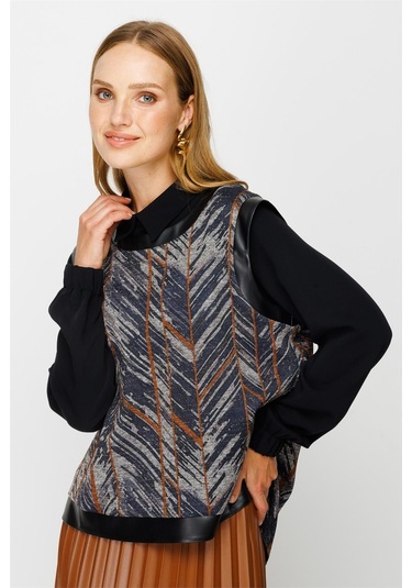 Pilisoley Deri Etekli Tunik Süeter Üçlü Takım Taba