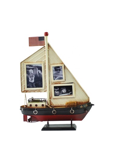 Dekoratif Resim Çerçeveli Metal Yelkenli Gemi 35cm