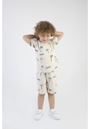 Erkek Çocuk Palmiye Baskılı Çizgili Kısa Kollu Şortlu Alt Üst Takım 001