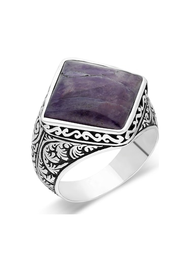 Gümüş Kalem Işlemeli Baklava Kesim Ametist Taşlı Erkek Yüzük - 556400172