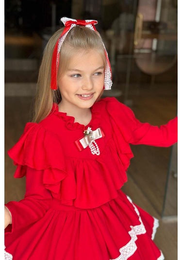 Riccotarz Kız Çocuk Göğsü Ve Yakası Fırfırlı Eteği Pliseli Dantel Şerit Detaylı Kırmızı Elbise Kırmızı