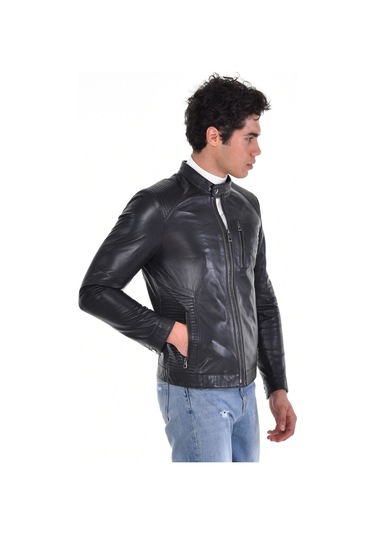 Hakiki Deri Siyah Erkek Deri Mont Hakim Yaka Çift Fermuarlı Üç Cepli Deri Ceket Siyah