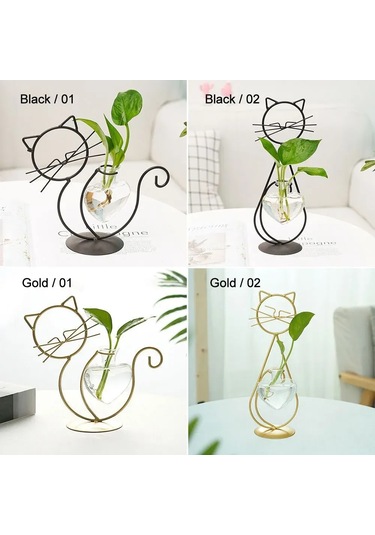 Yunboo Altın Renkli Kedi Figürlü Demir Ve Cam Suluk, Su Bitkileri İçin Ev Dekorasyonu, Norveç Stili Vazo