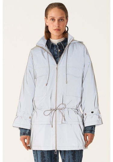 Perspective Kapüşonlu Fermuarlı Cepli Uzun Kollu Gri Kadın Mont 2