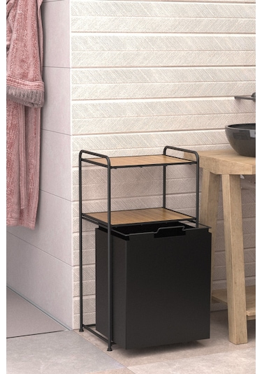 2 Katlı Çamaşır Sepeti Kirli Sepeti Ahşap Raflı Banyo Dolabı Banyo Düzenleyici Organizer Mat Siyah Mg100 Siyah