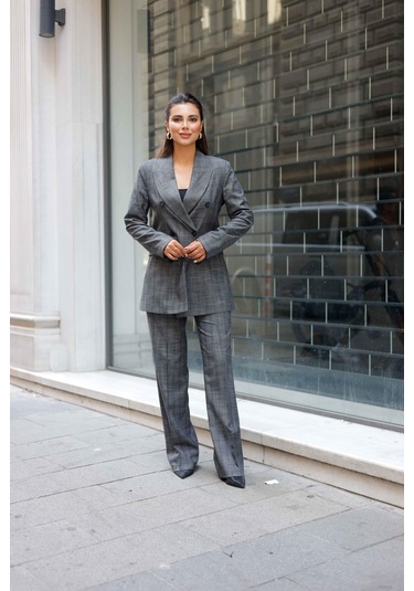 6 Düğmeli Kruvaze Ekose Takım Gri Gri