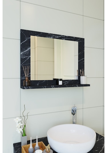 Makbulce Yakut Raflı Dresuar Banyo Aynası 60 x 45 Mermer Beyaz - Siyah