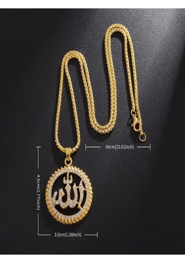 Taşlı Allah Yazılı Yuvarlak Kolye Altın