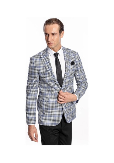 Wessi Ekose Desenli Slim Fit Siyah Mavi Erkek Ceket - Wessi Mavi - Siyah
