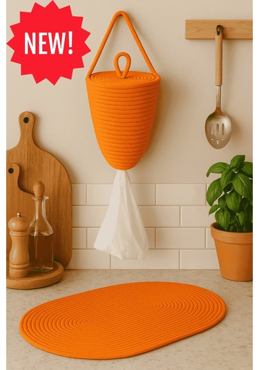 Poşetlik Halat İp El Dokuma Duvar Askılı Saklama Torbası Ev Düzenleme Aksesuarı Sepet 30 X 20 Cm Turuncu