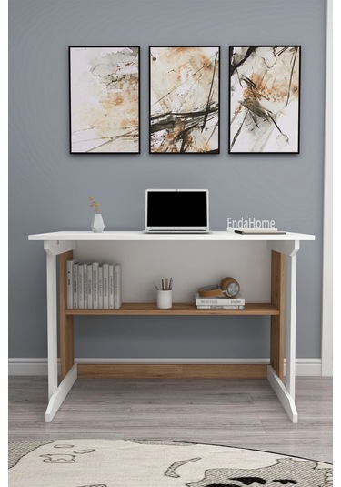 Enda Home Pillar Kütüphaneli Geniş Çalışma Masası 100x56 Cm Çam - Beyaz