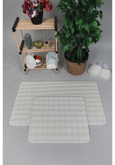 Modern Bubble Yıkanabilir Kaymaz Peluş Banyo Paspası Halısı 2'li Klozet Takımı 50x80-50x40cm Krem