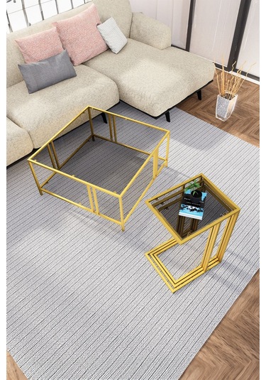 Uranüs Gold Orta Sehpa Füme Cam & İbiza Gold Zigon Sehpa Füme Cam