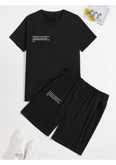 Siyah Power And Happiness Baskılı Şort T-shirt Takım Siyah
