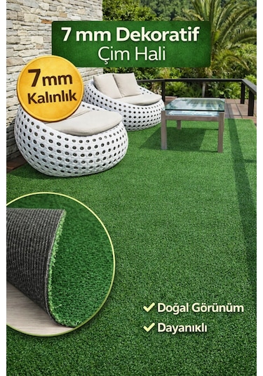 7 Mm Dekoratif Çim Halı Doğal Görünüm, Pratik Kullanım 100 x 250