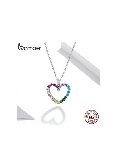 Bamoer 925 Ayar Gümüş Gökkuşağı Renkli Kalp Desen Aşk Göz Kamaştırıcı Zirkon Kolye Zincir Bağlantı Kadınlar Takı İçin