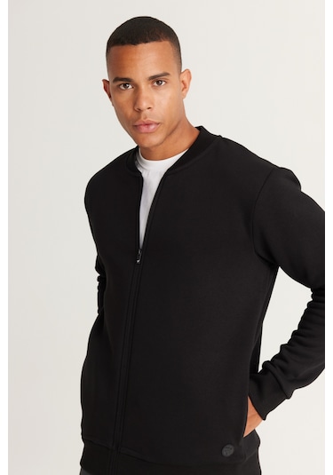 AC&Co / Altınyıldız Classics Erkek Sıyah Standart Fit Normal Kesim İçi Polarlı Kolej Yaka Pamuklu Sweatshirt Siyah