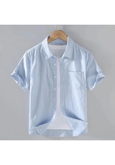 Zeeshant Pamuk Keten Erkek Kısa Kollu Gömlek Yaz Streetwear M-3xlgökyüzü Mavierkek Gökyüzü Mavi