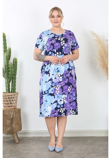 Kadın Mavi Mor Kırçiçeği Desen Midi Elbise Mavi
