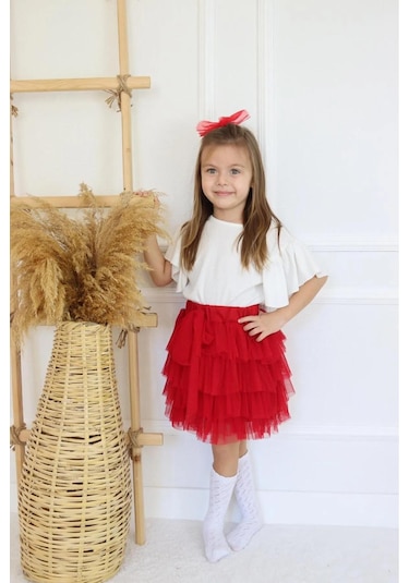 Kız Çocuk 23 Nisan Tül Etekli Kısa Kol İkili Takım Krem