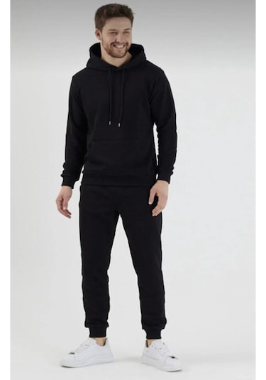 Hırsch Kapüşonlu Siyah Eşofman Takımı Unisex Oversize 2 Iplik Siyah