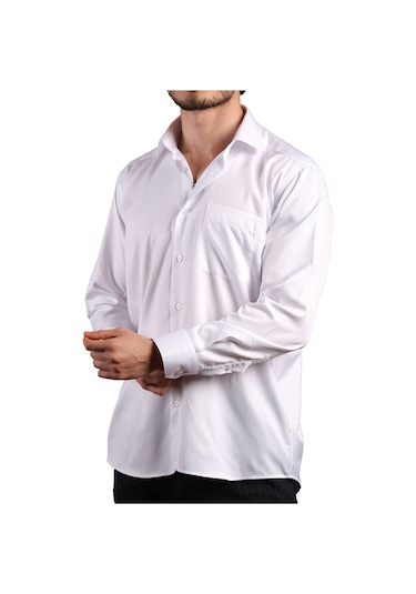 Beyaz Büyük Beden Rahat Kesim Micro Kumaş Kol Düğmeli Regular Fit Erkek Gömlek - 190-1 001