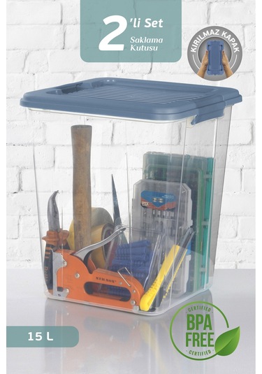 2'li Megabox 15l Saklama Kabı - Kilitli Kapaklı Çok Amaçlı Düzenleyici Kiler Depolama Saklama Kutusu Mavi