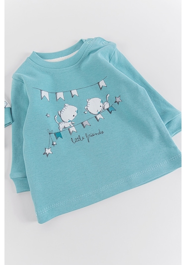 Kedi Figürlü 2'li Kız/erkek Bebek Body Sweat Takımı 001