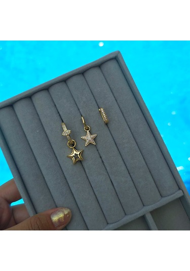 Taşlı Balon Yıldız Üçlü Çelik Küpe Gold