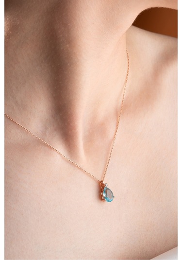 Nereze 925 Ayar Gümüş Rose Aquamarin Damla Tektaş Kolye