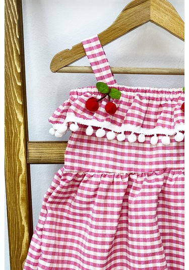 Kız Çocuk Askılı Elbise Dantelli Ekose Desenli B14 Pembe