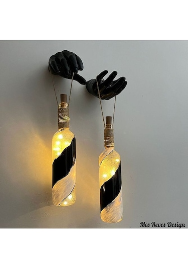 Siyah Heykel El Dekorlu Pilli Led Işıklı Vitray Cam Şarap Şişesi Çok Renkli