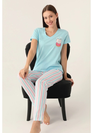 Arnetta 2888 Pamuklu Kısa Kol Kadın Pijama Takımı Açık Mavi