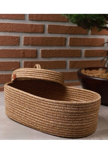 Jüt Hasır Sepet Oval Kapaklı Organizer 30x20