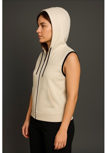 Axxel Kadın Krem Fermuarlı Kapüşonlu Kanguru Cepli Kolsuz Yelek-y1142-k Krem