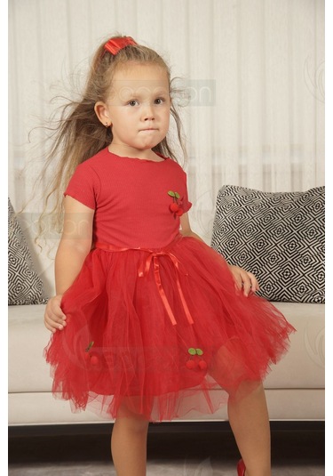 Tüllü Astarlı Esnek Kirazlı Elbise Kısa-kırmızı Kırmızı