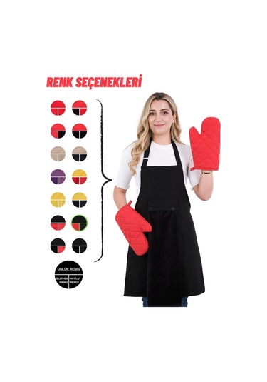 Star Ayar Askılı Havlulu 4lü Mutfak Önlüğü Seti 2 Eldiven Siyah-siyah-kırmızı