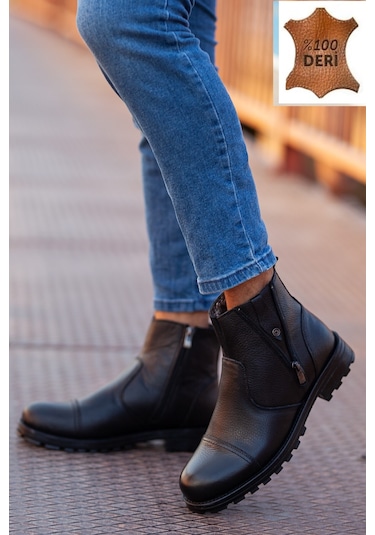 D400taban Dahil Komple Kürklü Hakiki Deri Erkek Bot Siyah
